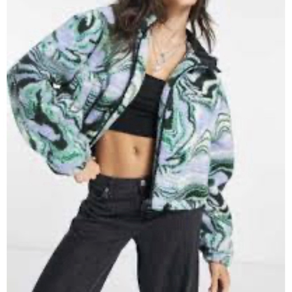 ASOS Curve  Women's‎ Printed Borg Teddy Jacket In Blue Size  12